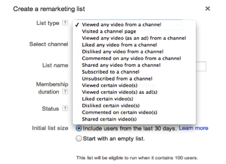 youtube remarketing lists